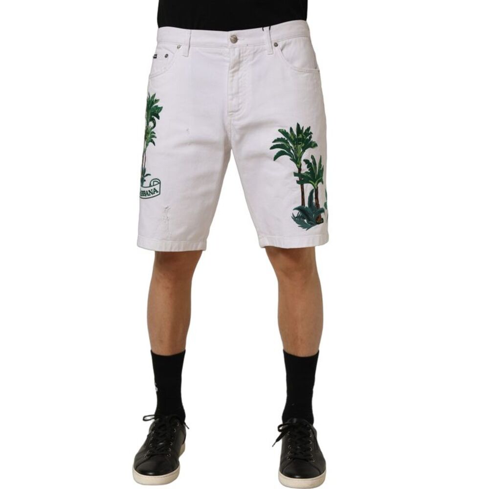 Dolce & Gabbana White Palm Embroidery Denim Bermuda Men's Shorts